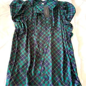 Tommy Hilfiger Flutter Sleeve Green Plaid Blouse, Women’s M, NWT